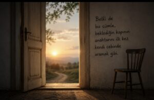 Aralık bir kapıdan görünen yol ve gün batımı, beklemek yerine kendi yaratım gücüne güvenerek harekete geçmeyi simgeliyor.