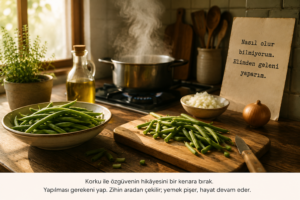 Korku ve Güven. zihnin arka bahcesi
Taze fasulye hazırlanan bir mutfakta, korku ve özgüvenin hikâyesine kapılmadan yapılması gerekeni yapmayı simgeleyen yemek hazırlığı.