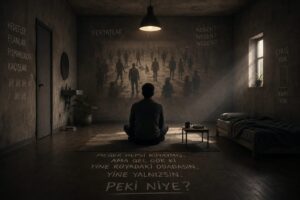 Karanlık bir odada yalnız oturan kişi, duvara yansıyan kalabalığı izlerken yalnızlık, zihinsel sıkışmışlık ve peki niye? sorusunu simgeliyor