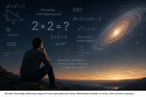 Matematik ve bilinç üzerine düşünen bir insan, sonsuzluk ve zihnin sınırlarını simgeleyen yıldızlı gökyüzüne bakıyor.