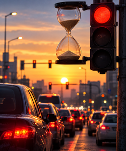 Trafik Işıkları önünde bekleyen araçlar ve geçen zamanı simgeleyen kum saati, trafik sisteminin bekleme üzerine kurulu yapısını temsil ediyor.